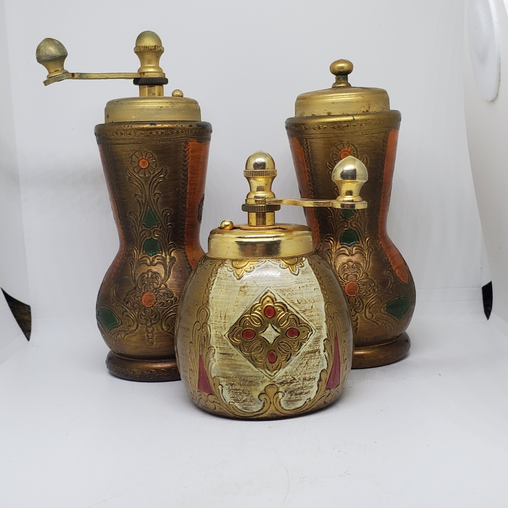 3 Antique Florentine Salt shaker pepper mill